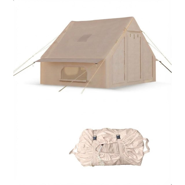 6-8 Person Inflatable Glamping Tent with Stove Jack and Pump, Quick Setup Air Camping Shelter with Mesh Windows and Doors, Khaki