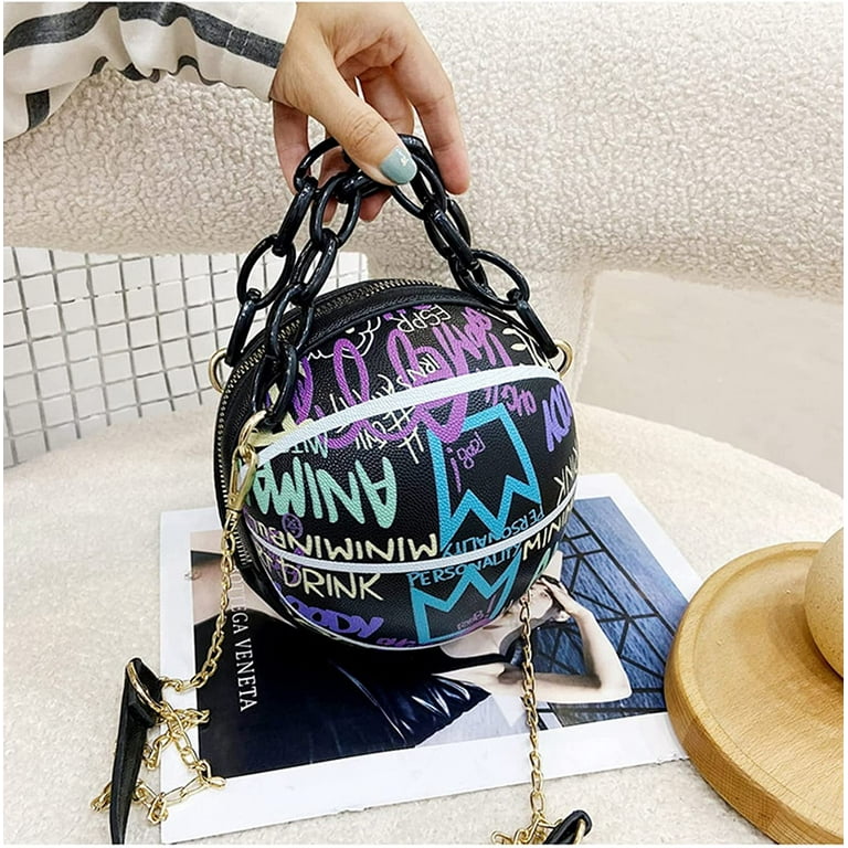 DanceeMangoo Women Basketball Shaped Crossbody Purse Mini Round Tote Handbag Basketball Messenger Bag with Adjustable Strap