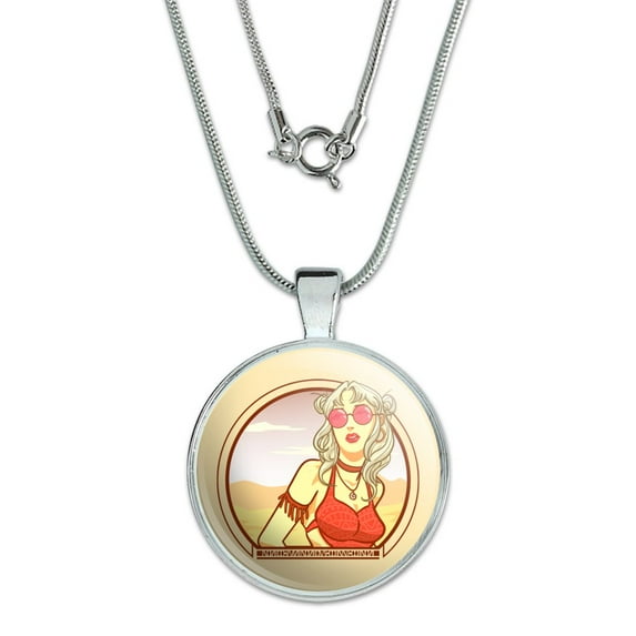 Boho Chic Bohemian Fashionable Hippie Woman In Desert 1" Pendant with Sterling Silver Plated Chain