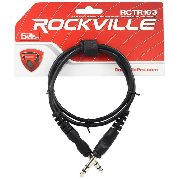 Rockville RCTR103B 3' 1/4'' TRS to 1/4'' TRS Balanced Cable, Black, 100% Copper