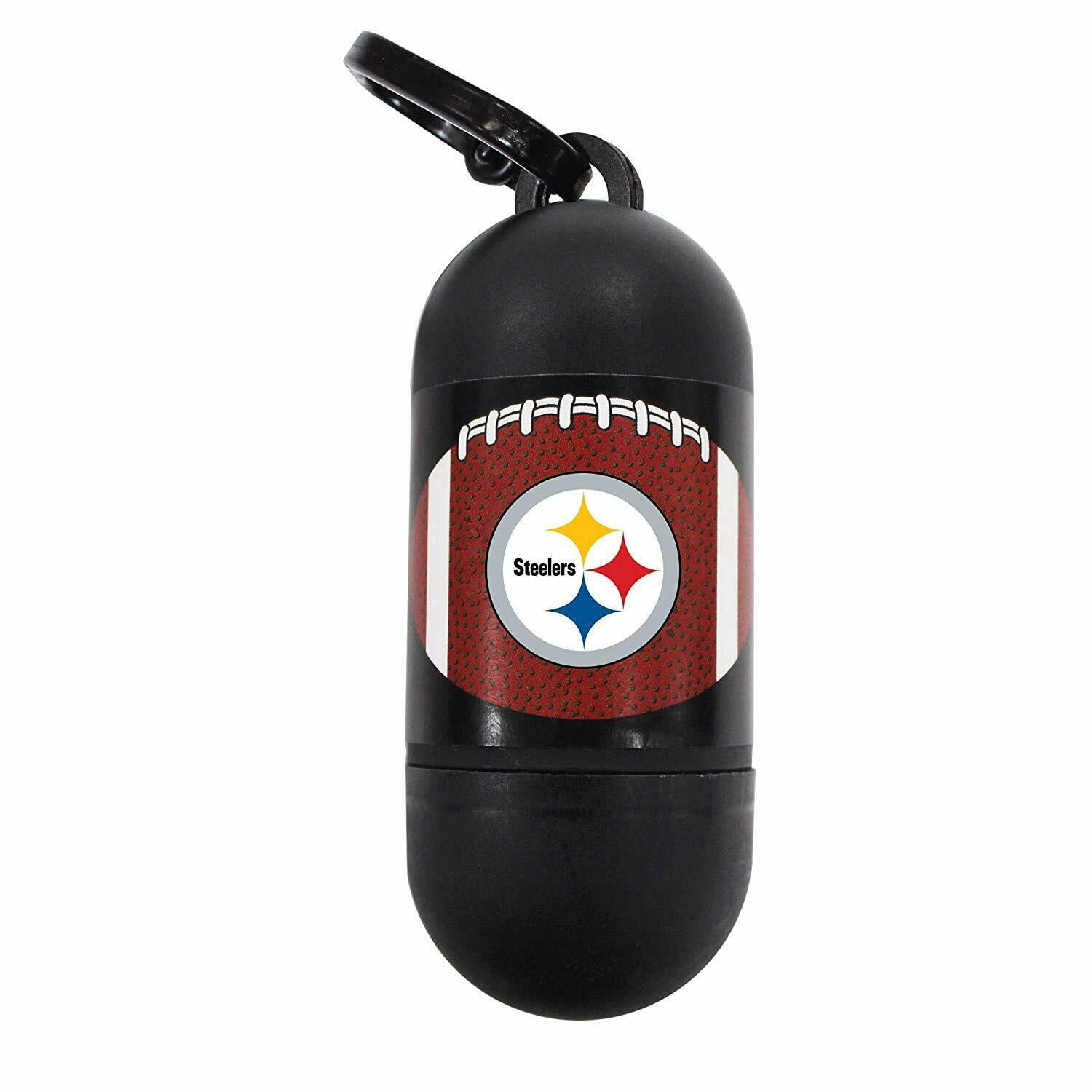 NFL PITTSBURGH STEELERS Durable LICENSED Poop Waste Bag Dispenser & Leash Clip with 15 Premium Dog Waste Bags