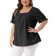 thumbnail image 4 of Agnes Orinda Women's Plus Size Easter Top Square Neck Ruffle Sleeve Pleated Front Hollow Summer Casual Blouse 2X Black, 4 of 6