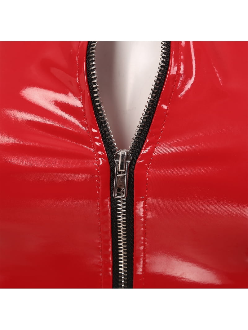Sxiwei Women's Wetlook Patent Leather Crop Tops Zipper Open Shirt