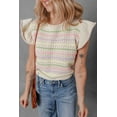 thumbnail image 3 of Women's Oatmeal Colorful Striped Eyelet Knit Ruffled Sleeve Sweater T-Shirt | [ZhiHiMeRi] | (US 12-14)L, 3 of 12