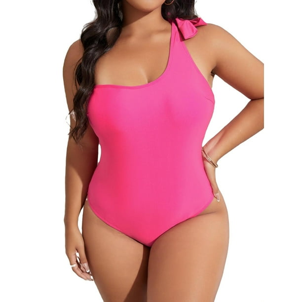 Elegant Solid Asymmetrical Neck Hot Pink Plus Size Swimsuit (Women's