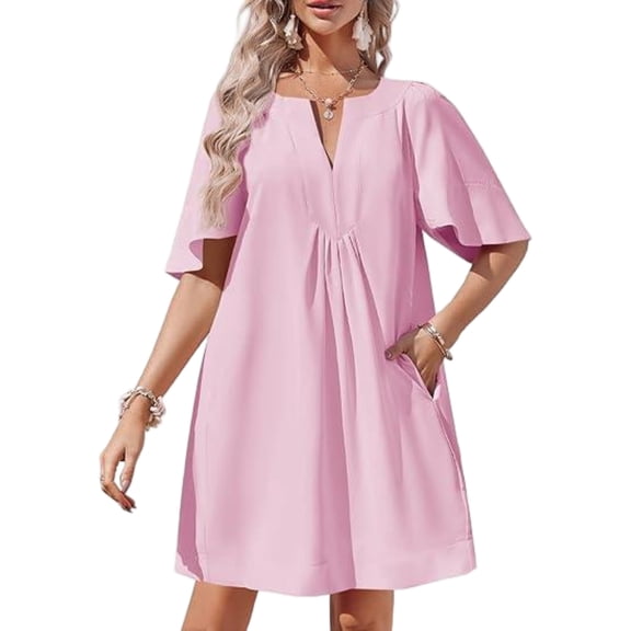 Women Summer Short Sleeve Dress Casual V Neck Flowing Mini Dress