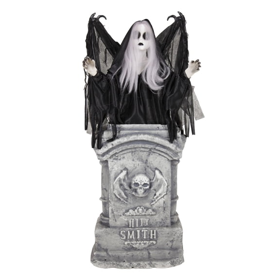 Haunted Hill Farm Red LED Battery Creepy Girl Tombstone with Wings Halloween Animatronic 3.1-Ft.