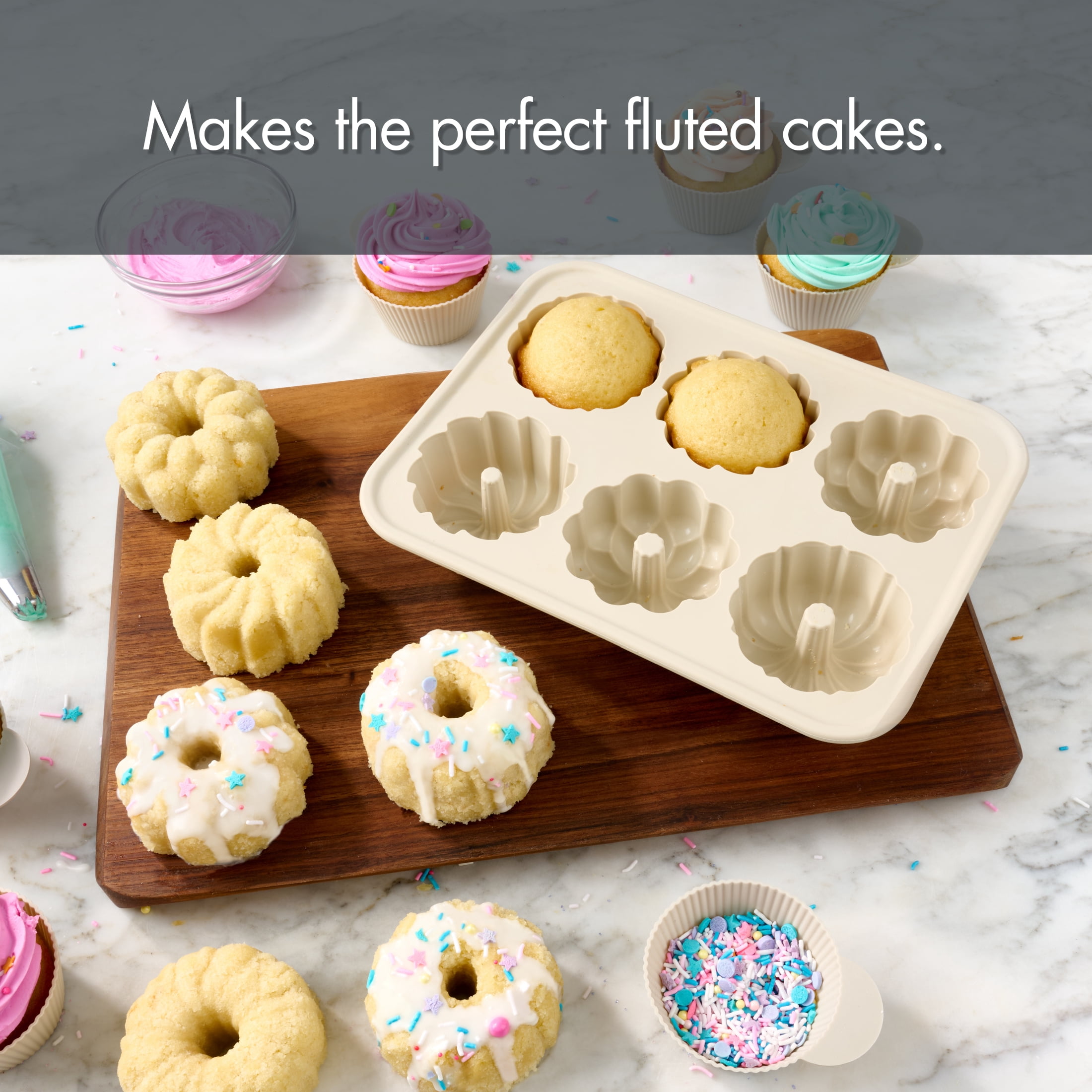 Mainstays Silicone Fluted Mini Cakelet Pan with 6 Cavities, Beige