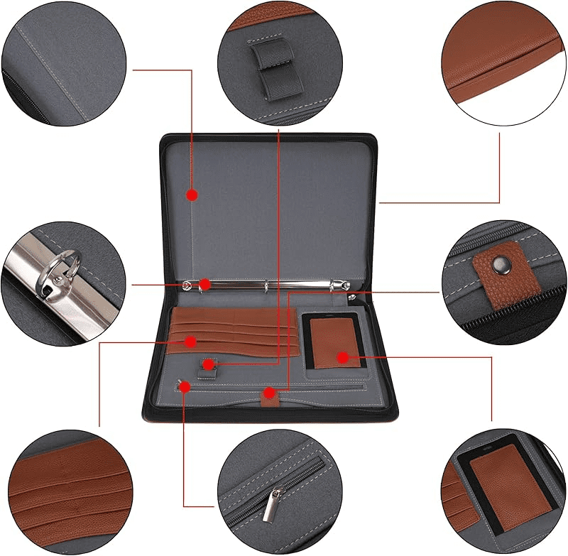 Wonderpool Travel Zippered Portfolio 3 Ring Binder A4 Padfolio Document Case with Removable Clipboard Legal Pad Holder, Business Office School Organizer for Men and Women (Brown)