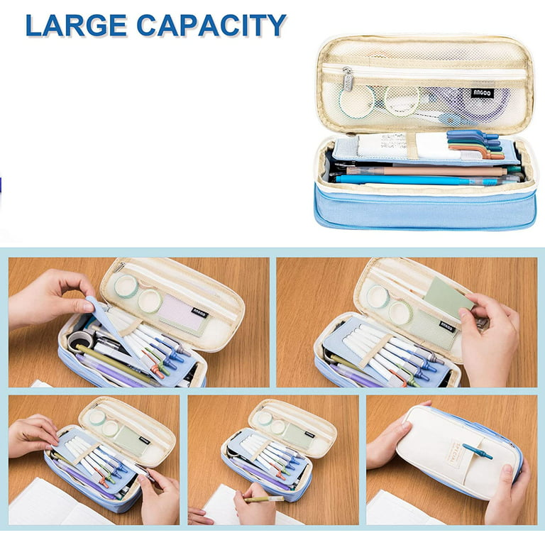 KPX Big Capacity Pencil Pen Case Bag with Zipper Office College School  Storage Large Capacity Bag Pouch Holder Box Organizer Colorful (Light Blue)