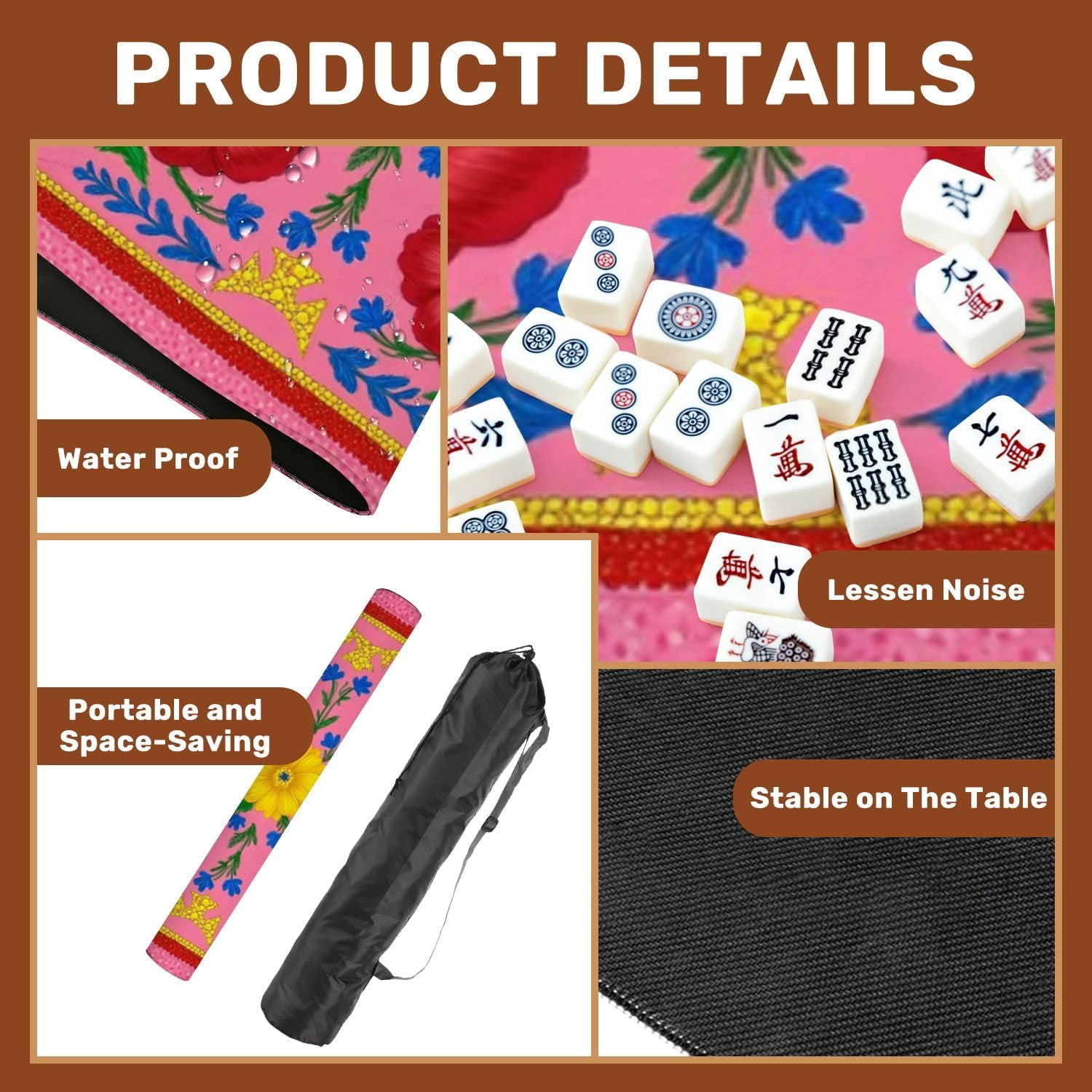 Mahjong Mat 31.5" x 31.5" Vibrant Red Yellow Floral Blue Leaves Pink Folk Art Style Non-Slip Noise Reduction Mahjong Tiles Table Cover for Dominoes Poker Card Board and Tile Games Gift