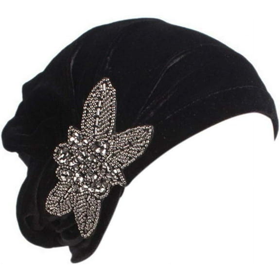 Women's Stretch Velvet Turban Hat Cancer Chemo Beanie Beaded Flower Hair Wrap Cap Headwear