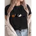 thumbnail image 1 of Women'S Halloween Graphic T-Shirt - Short Sleeve Crew Neck Casual Top with Jack-o'-Lanterns, Bats & Ghosts Design, Black Cotton Tee for Fall & Winter, 1 of 6
