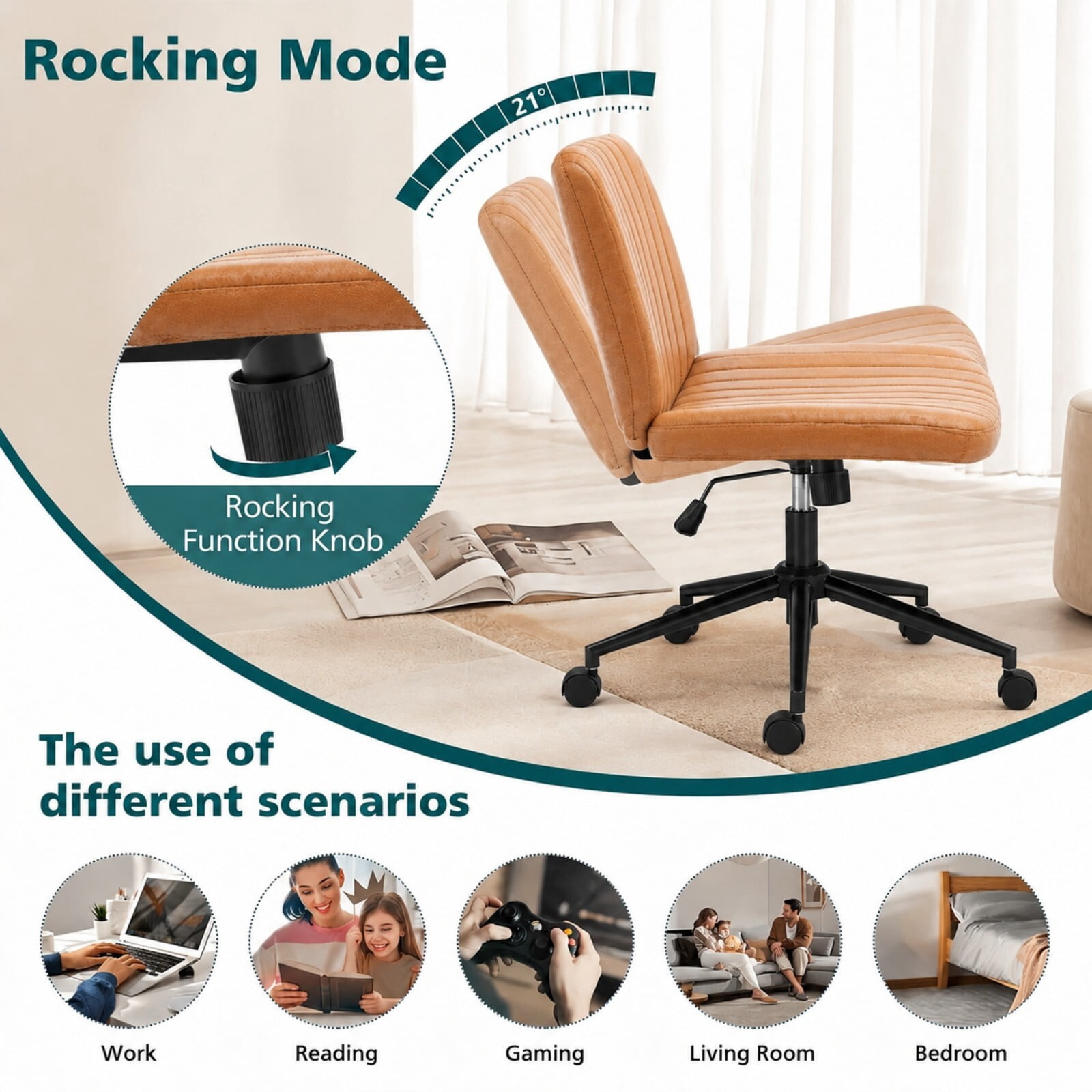 Kelno Armless Criss Cross Office Chair with Wheels 300lb Capacity Wide Seat Cross Legged Desk Chair Height Adjustable Swivel Vanity Chair, Brown PU