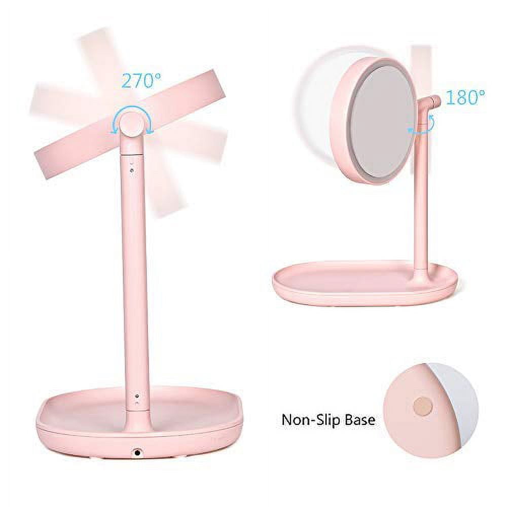ABQ Lighted Makeup Mirror with Cosmetic Organizer Tray, LED Light Makeup Vanity for Desk or Tabletop – Pink