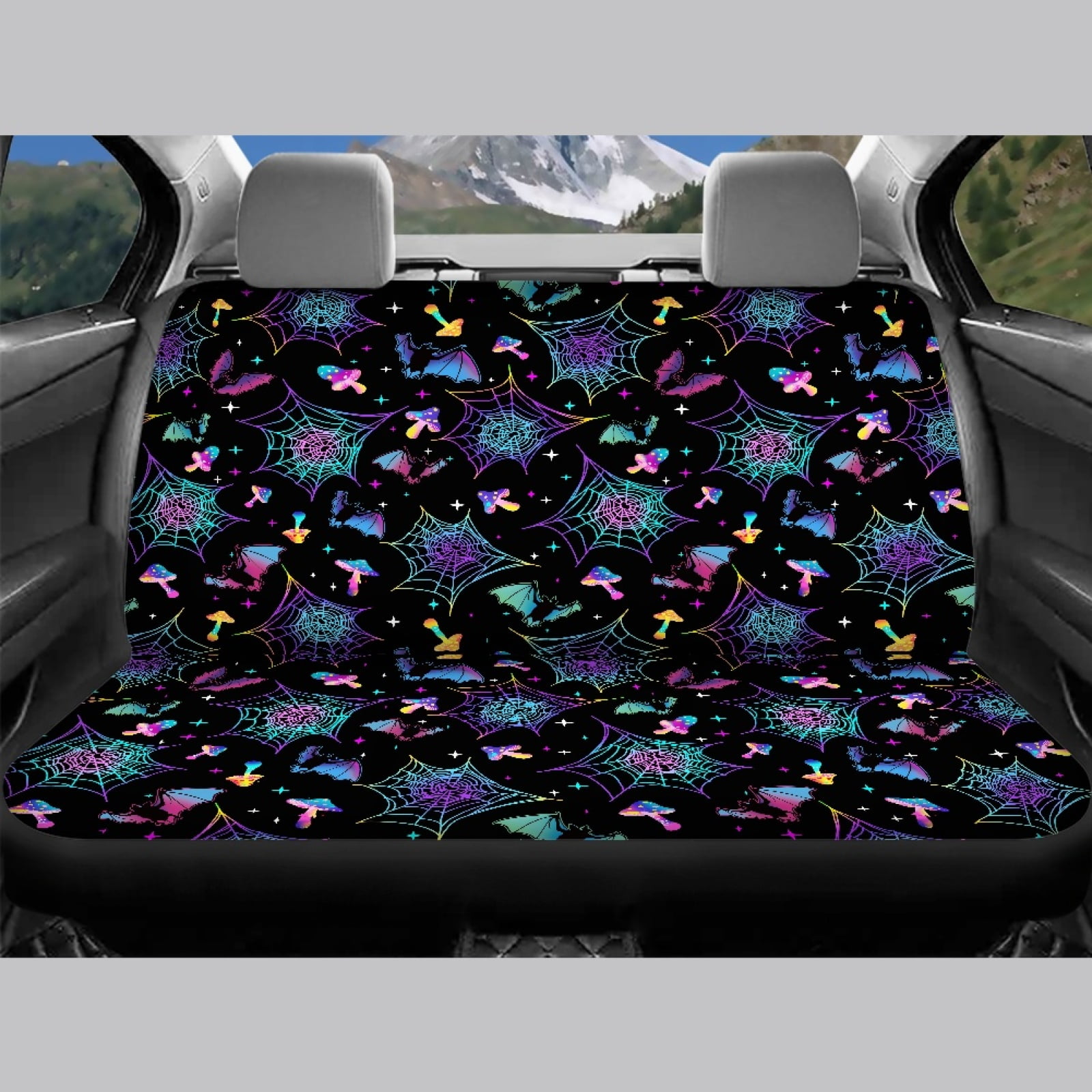 Renewold Bat Mushroom Spider Web Car Seat Covers Full Set for Front Rear Seats, Washable Breathable Soft Halloween Auto Interior Decor Accessories