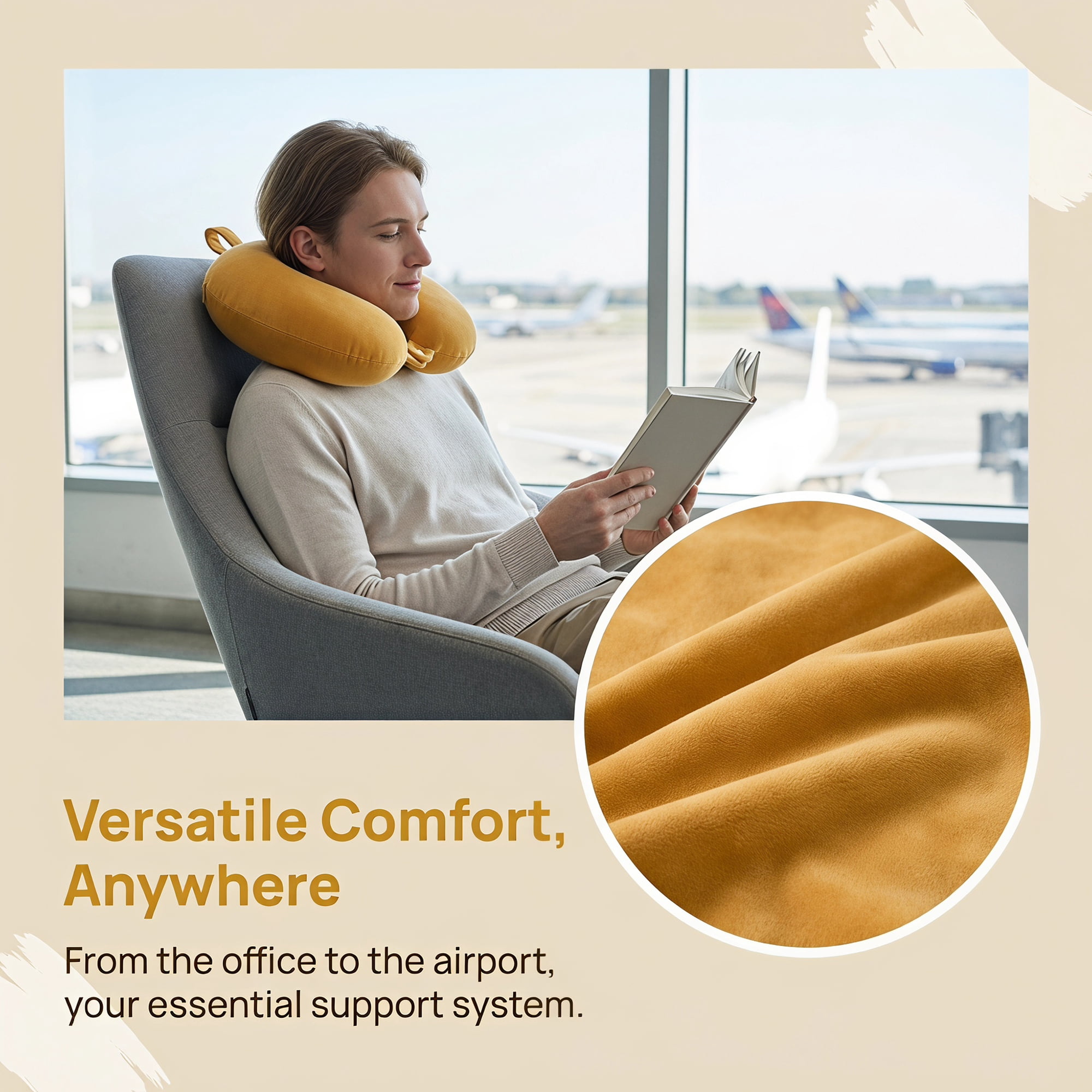 Unique Bargains Memory Foam Travel U Shape Neck Pillow Snap Closure Yellow 12"x12"x4"