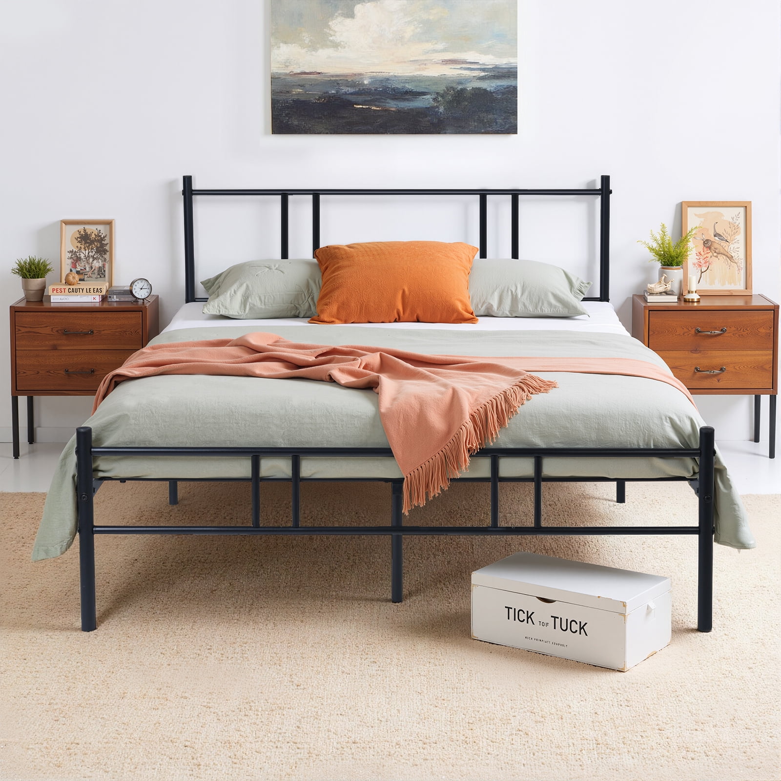 Full Bed Frame, Upholstered Full Size Platform Bed Frame with Headboard, Wood Slats Support, No Box Spring Needed, Noise Free, Black