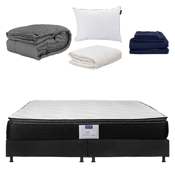 Colchón King Size + Box + Edredón Homy + Sábanas Softy + Almohada One + Protector Dicasa Legan