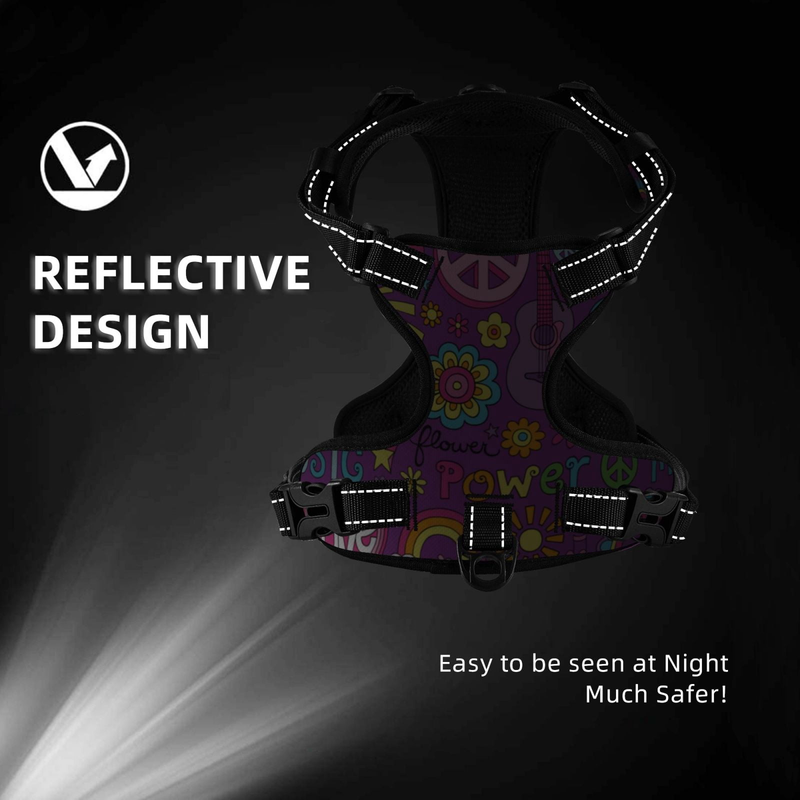 Picia Peace Love and Dove Flower Power No-Pull Dog Harness Reflective Front Clip Vest with Handle,Step-in Air Dog Harness,Adjustable 2 Metal Rings 4 Buckles,Easy to Put on & Take Off Medium