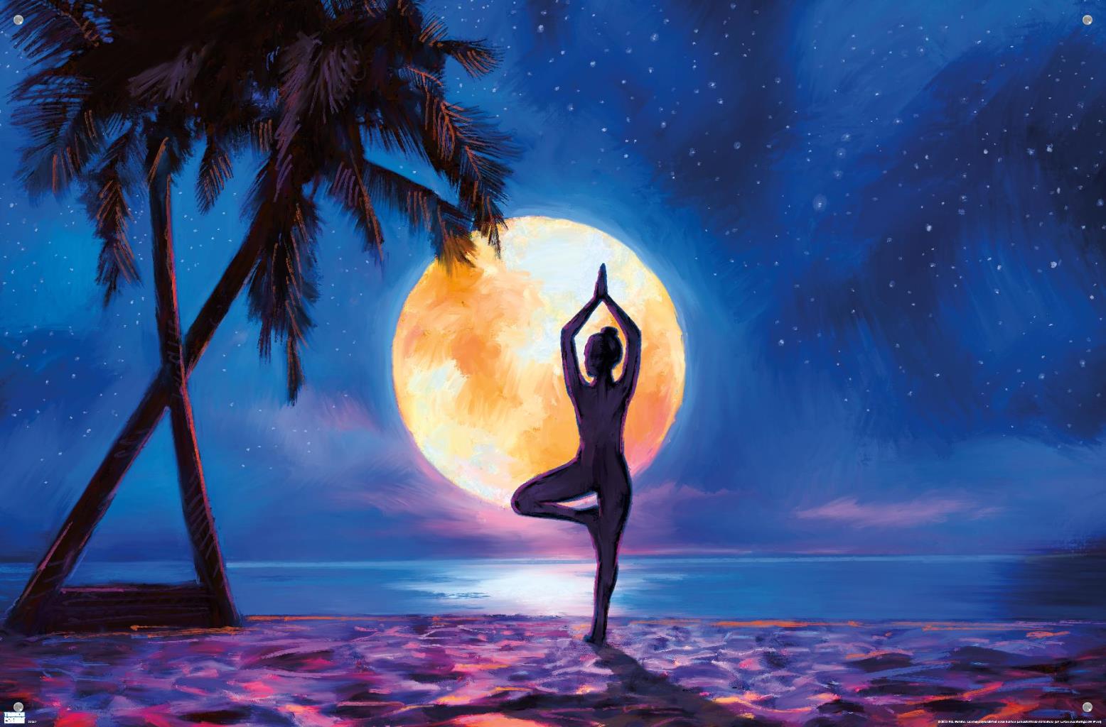 PD Moreno - Fine Art - Yoga Moonlight Beach Wall Poster with Pushpins, 22.375" x 34"