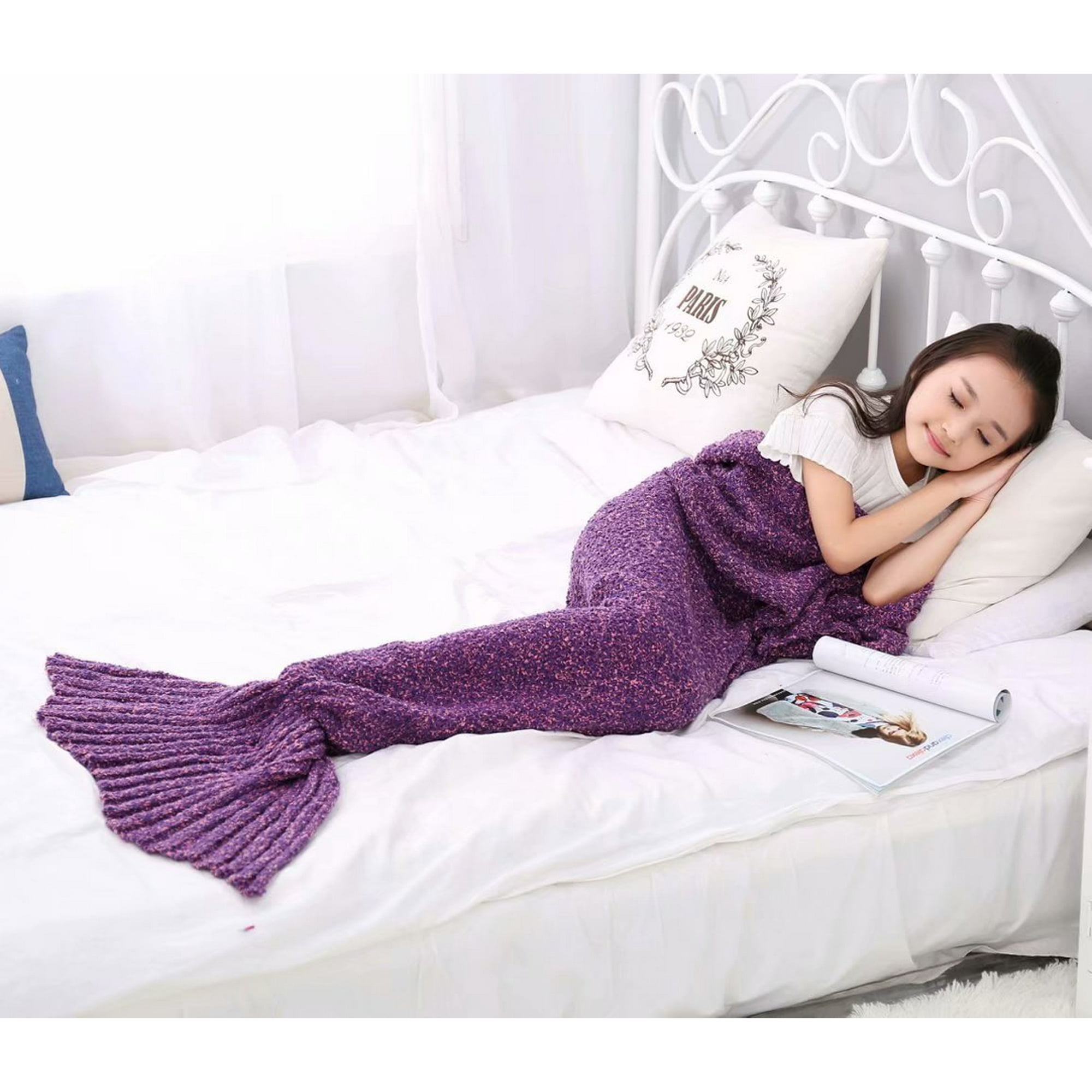 Girls Knitted Crochet Mermaid Tail Blanket All Seasons Soft and Warm Sleeping Bag Blanket