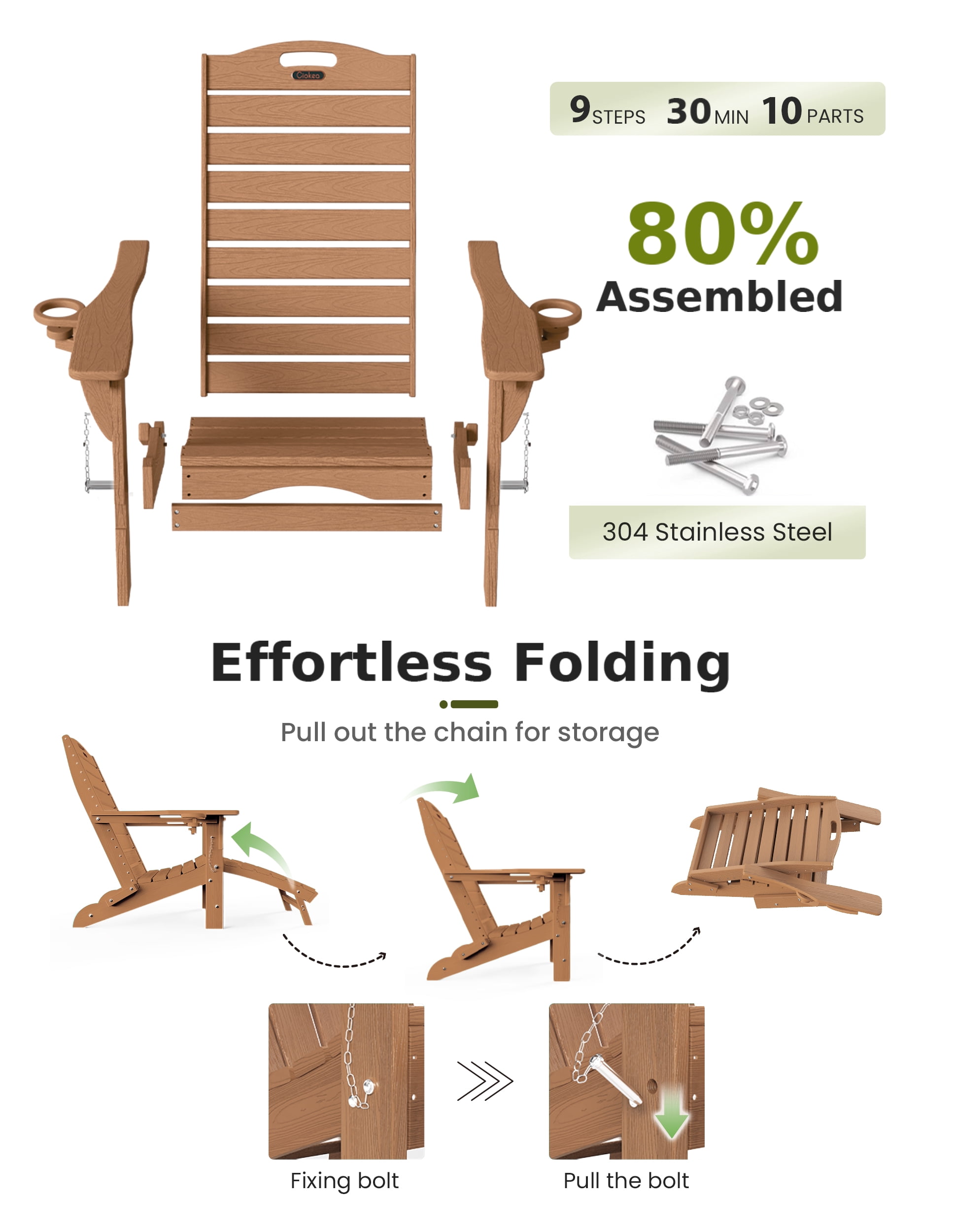 Folding Adirondack Chair with Retractable Ottoman Footrest, Wood Grain HDEP All Weather Fire Pit Chair with 2 Cup Holders for Outdoor, Classic Brown