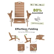 Folding Adirondack Chair with Retractable Ottoman Footrest, Wood Grain HDEP All Weather Fire Pit Chair with 2 Cup Holders for Outdoor, Classic Brown
