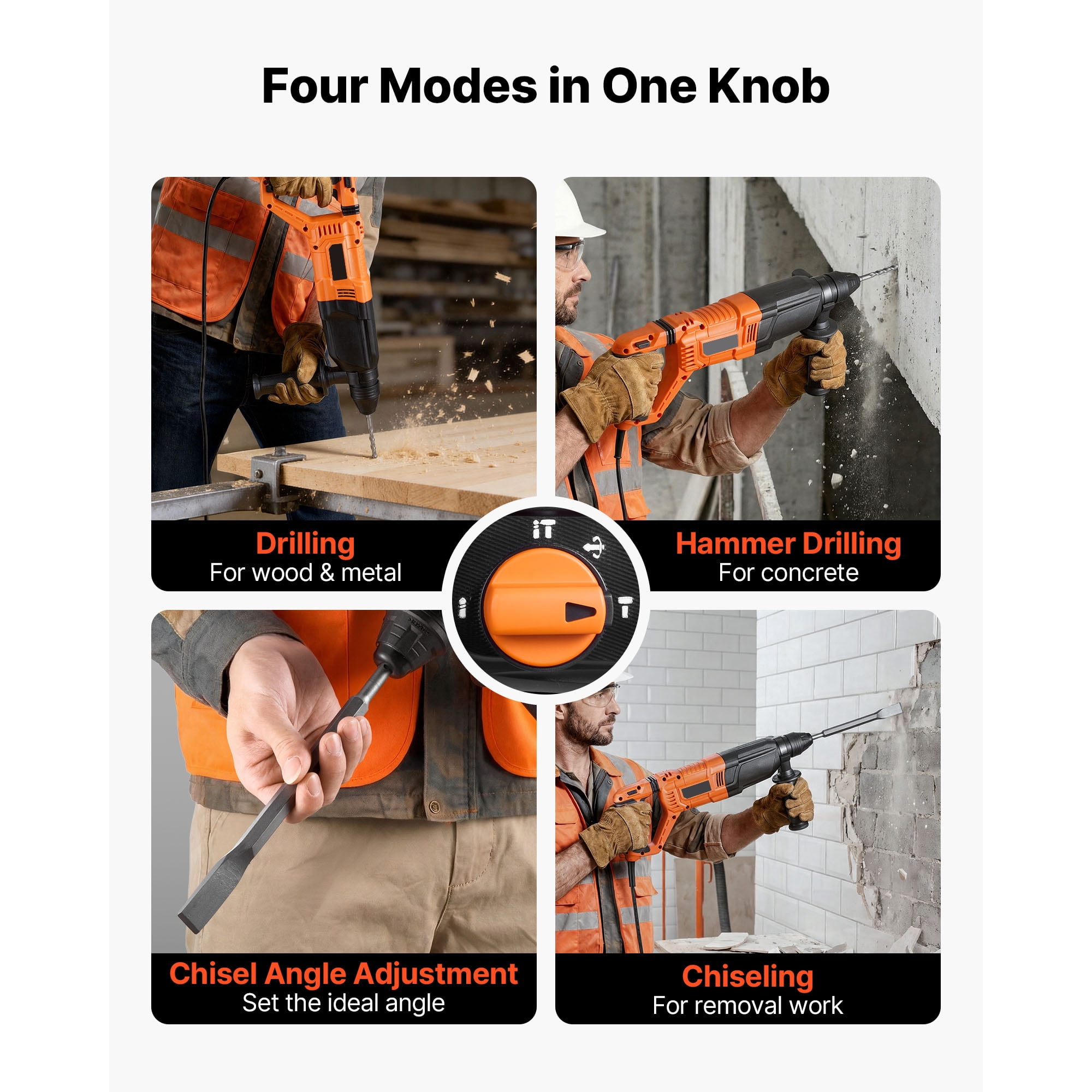 KFFKFF 1-1/8 in SDS-Plus Electric Rotary Hammer Drill, Corded Heavy-Duty Tool with 4 Modes, Includes 3 Drill Bits, Flat and Pointed Chisels, and Carrying Case for Concrete and Masonry Work