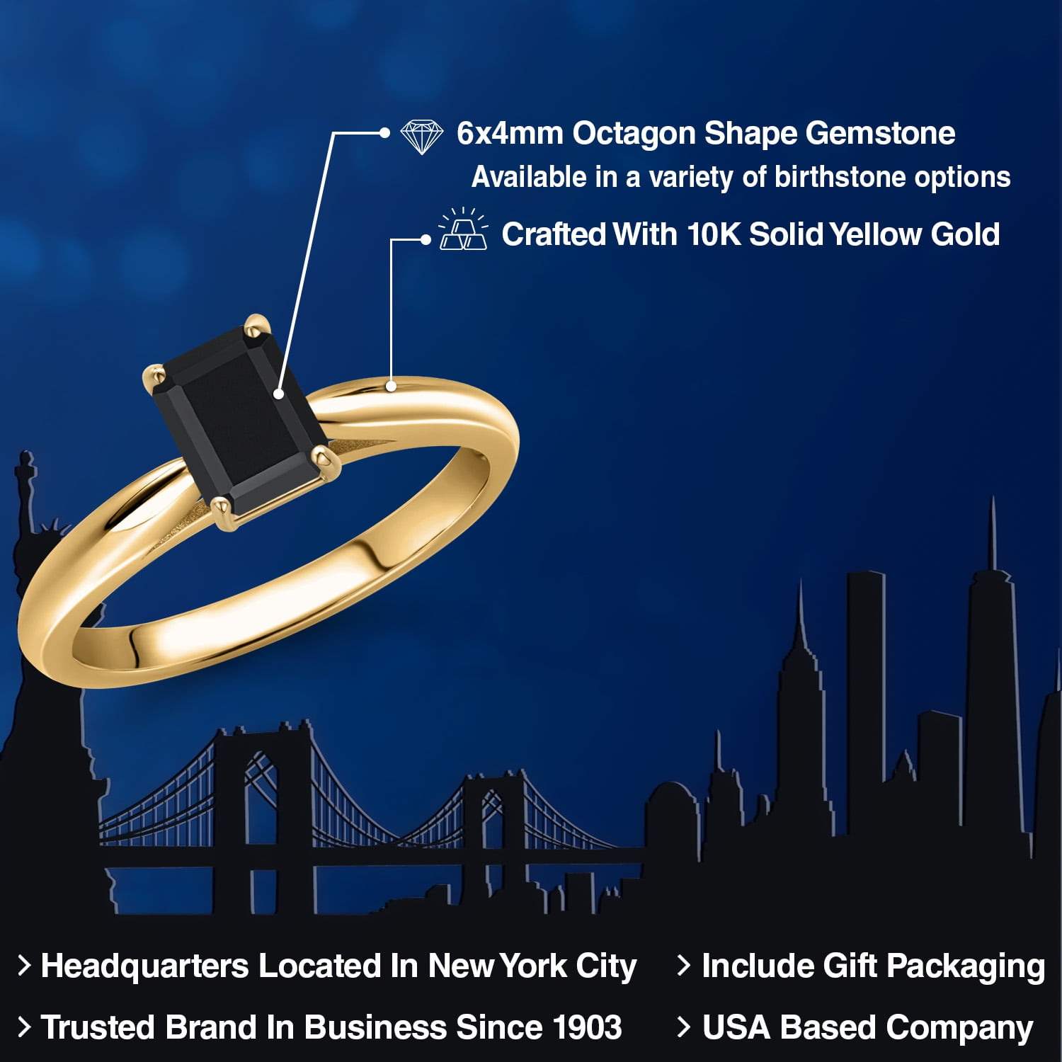 Gem Stone King 10K Yellow Gold Black Onyx Engagement Ring for Women | 0.56 Cttw | Emerald Cut 6X4MM | Gemstone December Birthstone | Wedding Engagement Anniversary Promise Ring for Women | Size 5