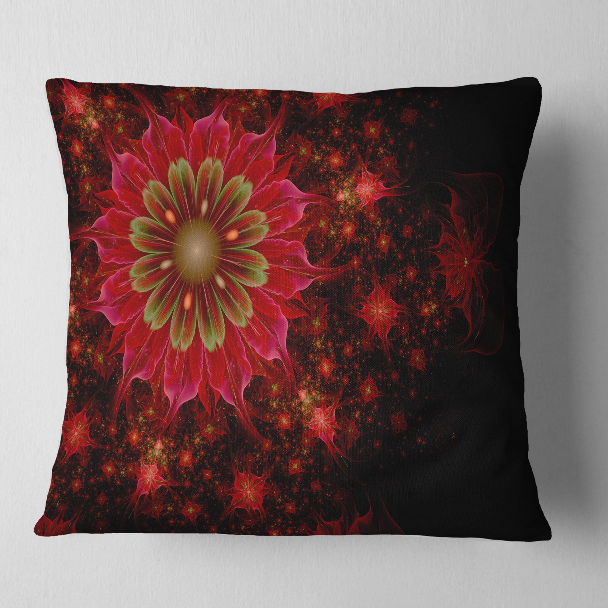 Designart Dark Red and Light Green Fractal Flowers - Abstract Throw Pillow - 16x16