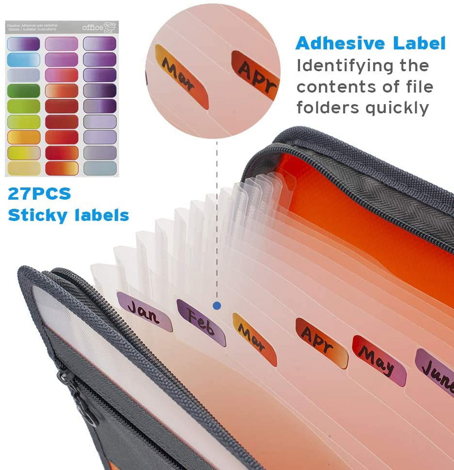 13 Pocket Expanding File Folder with Sticky Labels, Accordion File Folder Document Organizer Expanding Zip File Folder with Zipper ClosureLetter A4 Paper Document Accordion Folder,