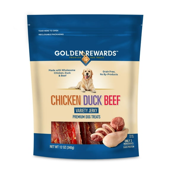 Golden Rewards Chicken, Duck and Beef Premium Variety Dry Jerky Treats for Dogs, Chicken, Duck and Beef Recipe 12 oz Bag