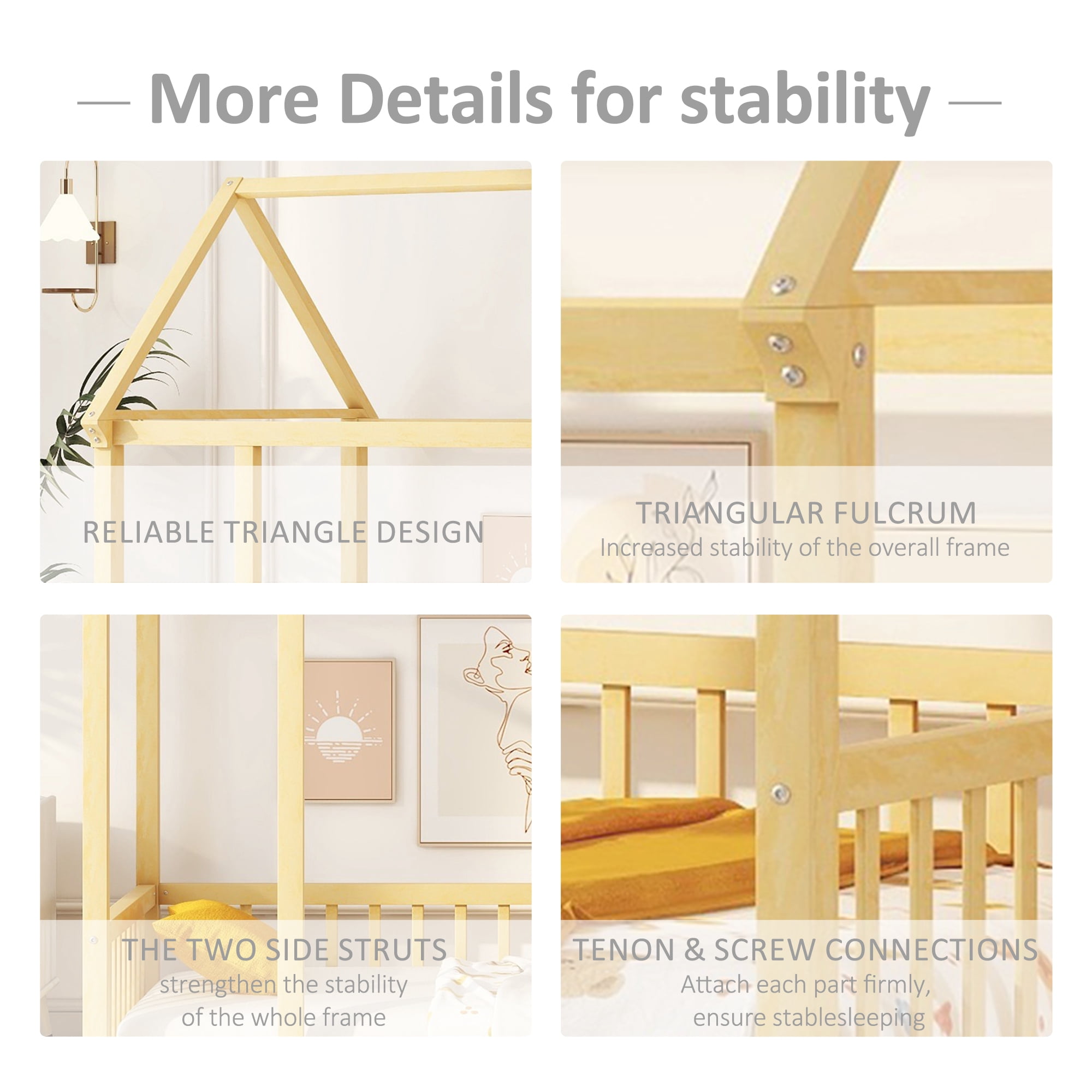 Bellemave Twin Size Wood House-Shaped Floor Bed with Fence, Guardrails, Montessori Floor Bed House Bed Frame with Roof (Twin, Natural)