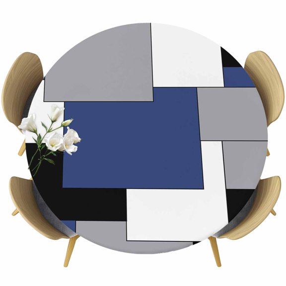 Ombre Square Splicing Plaid Fitted Round Tablecloths Elastic Edged Table Covers 55"-60",Waterproof Table Cloth for Kitchen Holiday Party Tables Decor