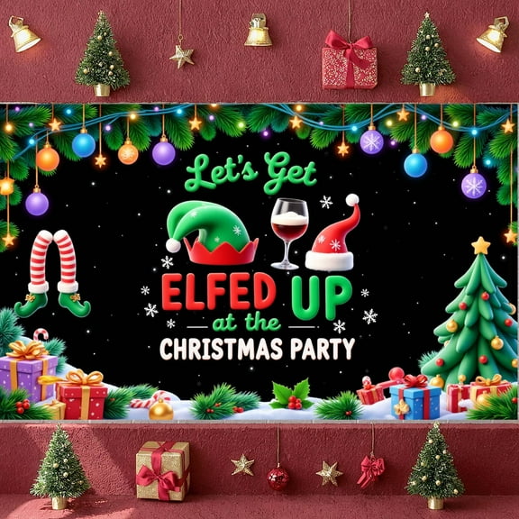 Elf Theme Christmas Party Banner Colorful Lights Holiday Display Festive Decor Red Green Elf Theme Backdrop for Christmas Party Holiday Gathering Home Party
