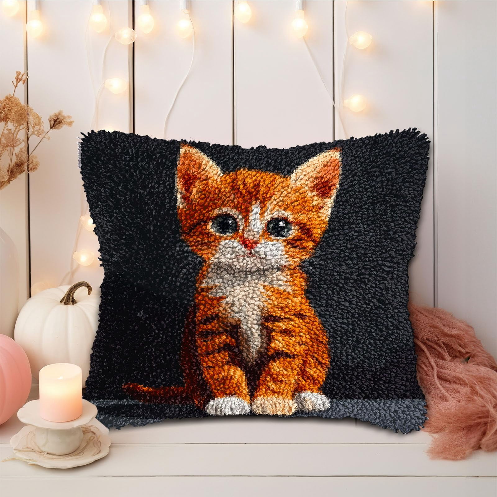 DIY Latch Hook Pillow Kits Cute Cat Body Portrait Printed Pillowcase Crochet Yarns Hooking Handmade Pillow Cover Cushion for Home Sofa Decoration 17x17inch-5