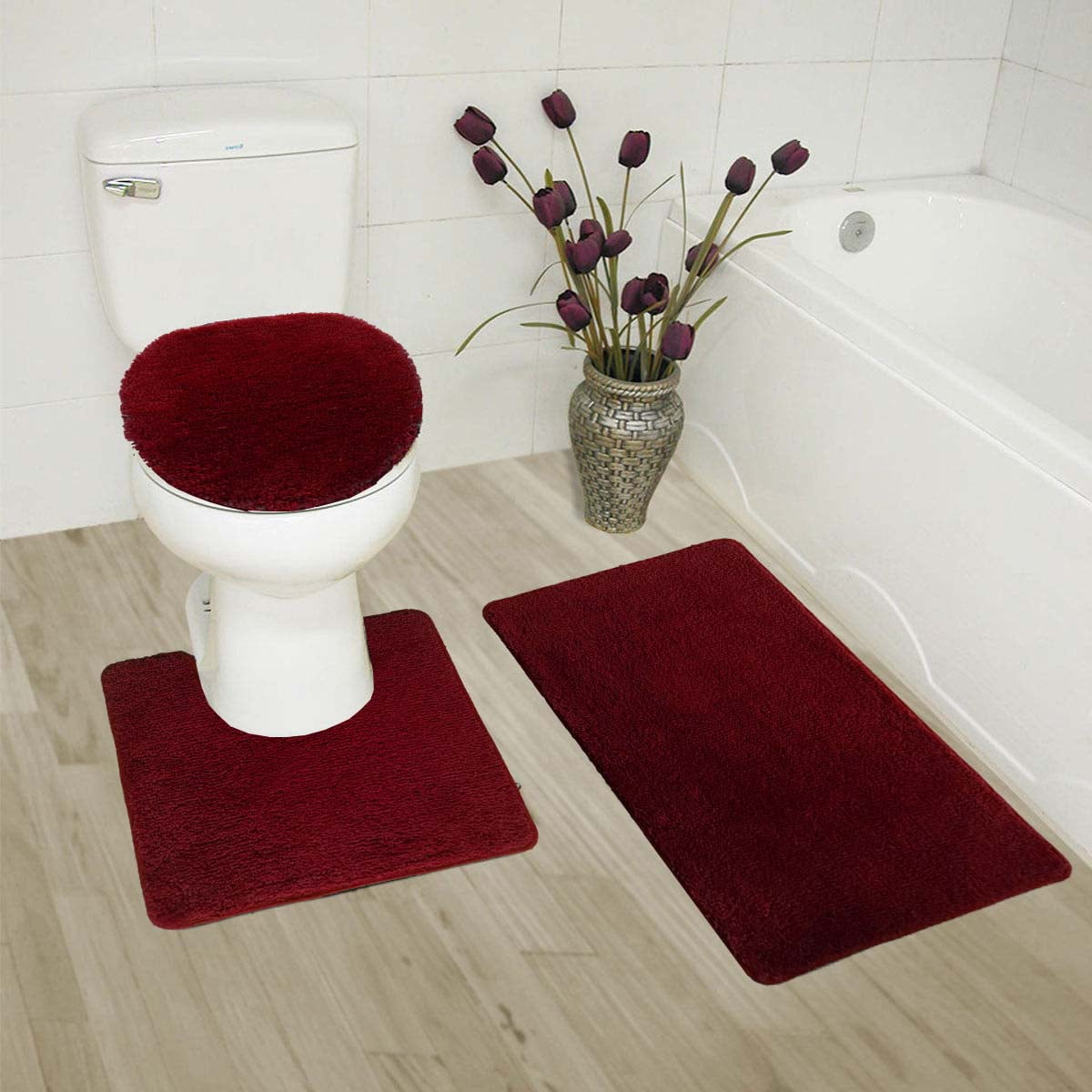 Stripe 3 PC Thick High Pile Bathroom Set With Bath Mat Rug & Lid Cover Burgundy 