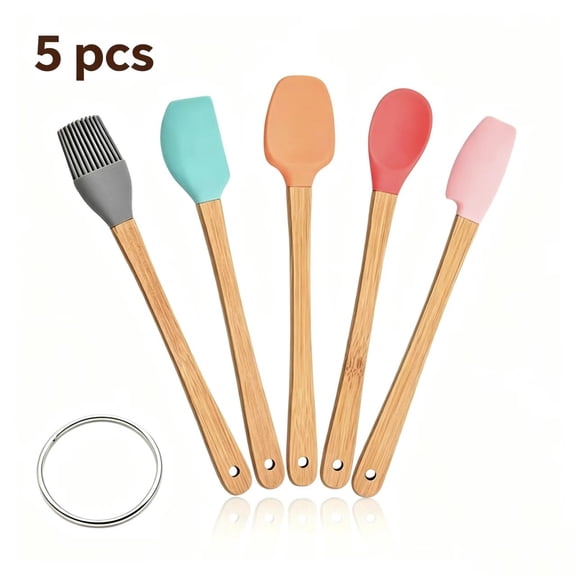 Vruelia Small Silicone Spatula Set of 5, Mini Silicone Spatula with Wooden Handle, Small Rubber Spatula Scrapers for Kitchen Use, Cooking, Baking & Jar Scraping