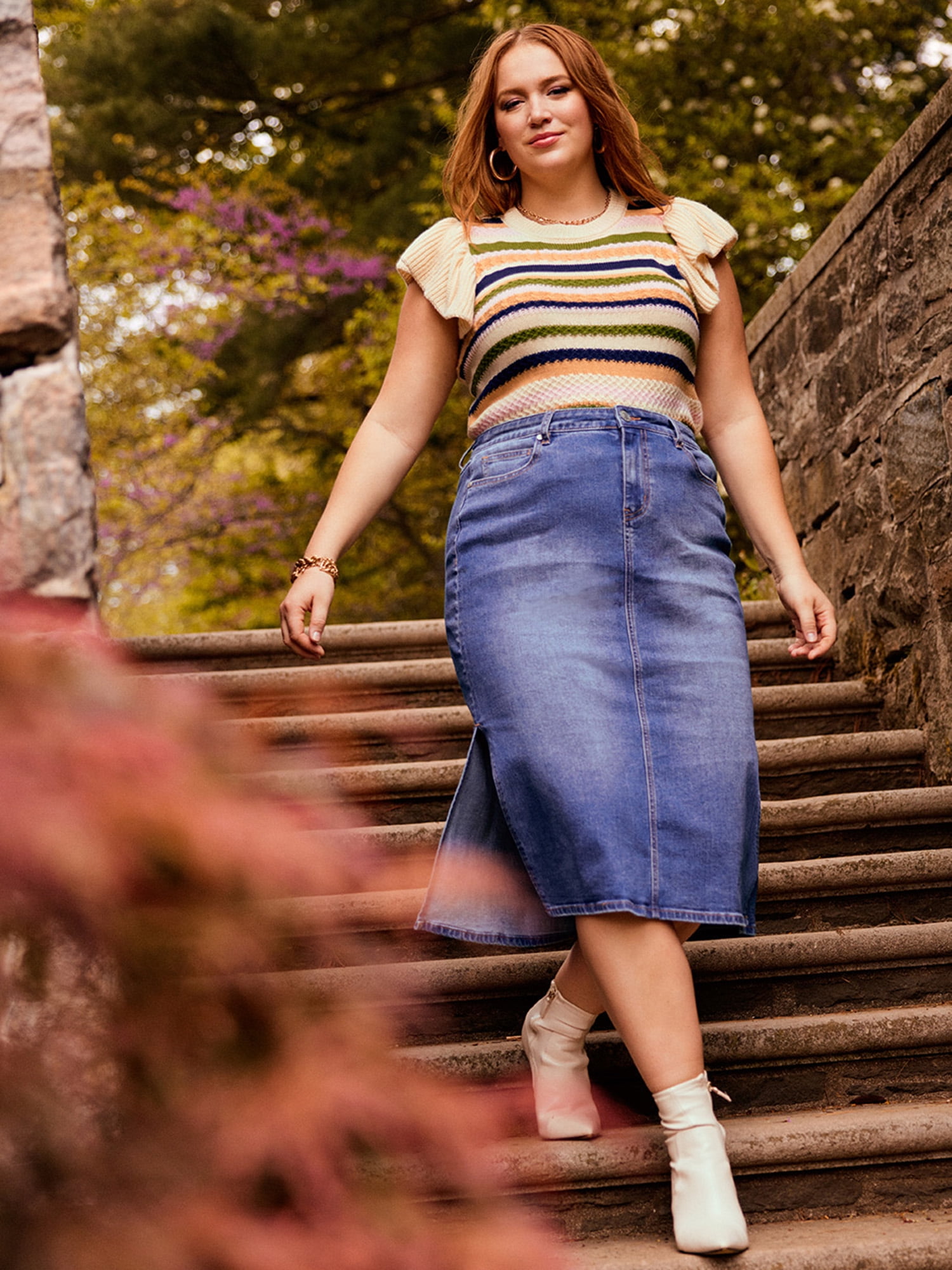 ELOQUII Elements Women's Plus Size Denim Midi Side Slit Skirt