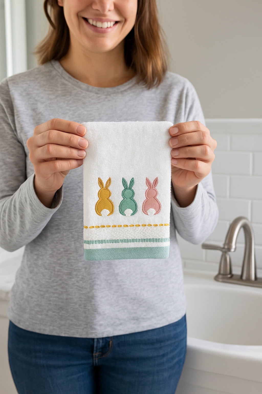 Celebrate Bunny Butts Bath Hand Towels Set of 2, Decorative Border