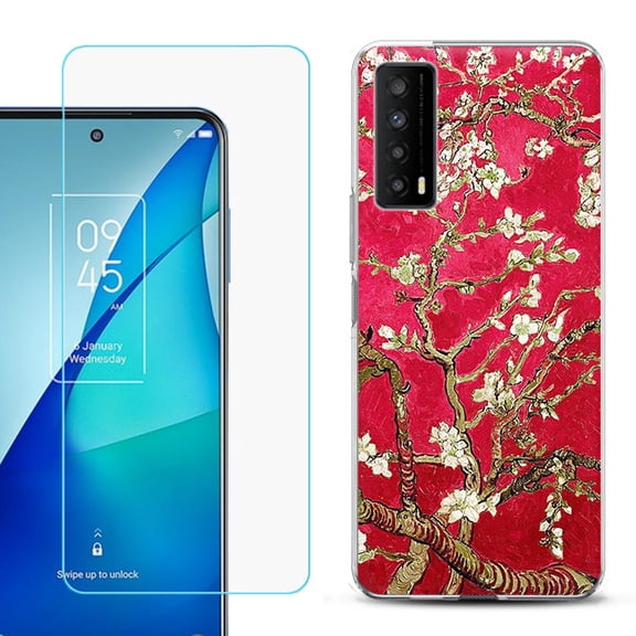 Slim-Fit Gel TPU Phone Case for TCL Stylus 5G, with Tempered Glass Screen Protector, by OneToughShield ® - Almond Blossom Red