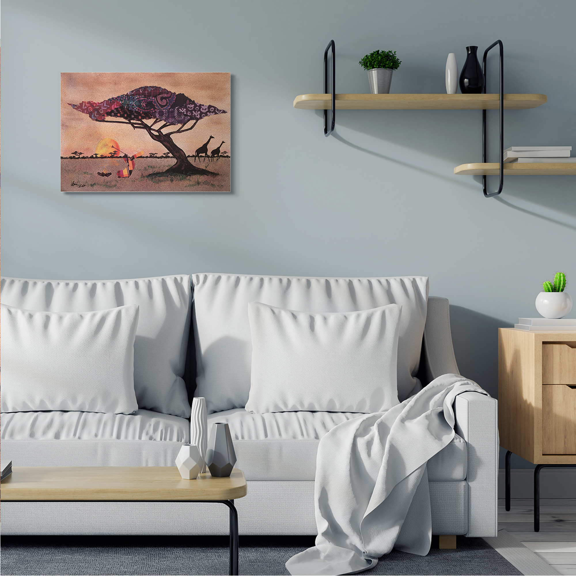 Stupell Industries African Sunrise Safari Landscape Man Playing Trumpet Novelty Painting Gallery Wrapped Canvas Art Print Wall Art, 24 x 30