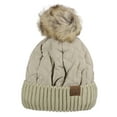 thumbnail image 1 of C.C Soft Quilted Puffer Detachable Faux Fur Pom Inner Lined Cuff Beanie Hat, Taupe, 1 of 4