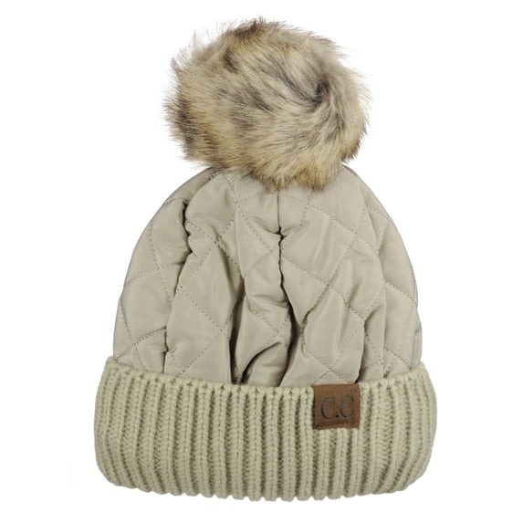C.C Soft Quilted Puffer Detachable Faux Fur Pom Inner Lined Cuff Beanie Hat, Taupe