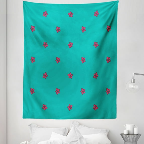 Teal Tapestry, Hand Drawn Pink Wild Flowers Pattern on Teal Background Flora Theme Nature Inspired, Fabric Wall Hanging Decor for Bedroom Living Room Dorm, 5 Sizes, Teal Hot Pink, by Ambesonne