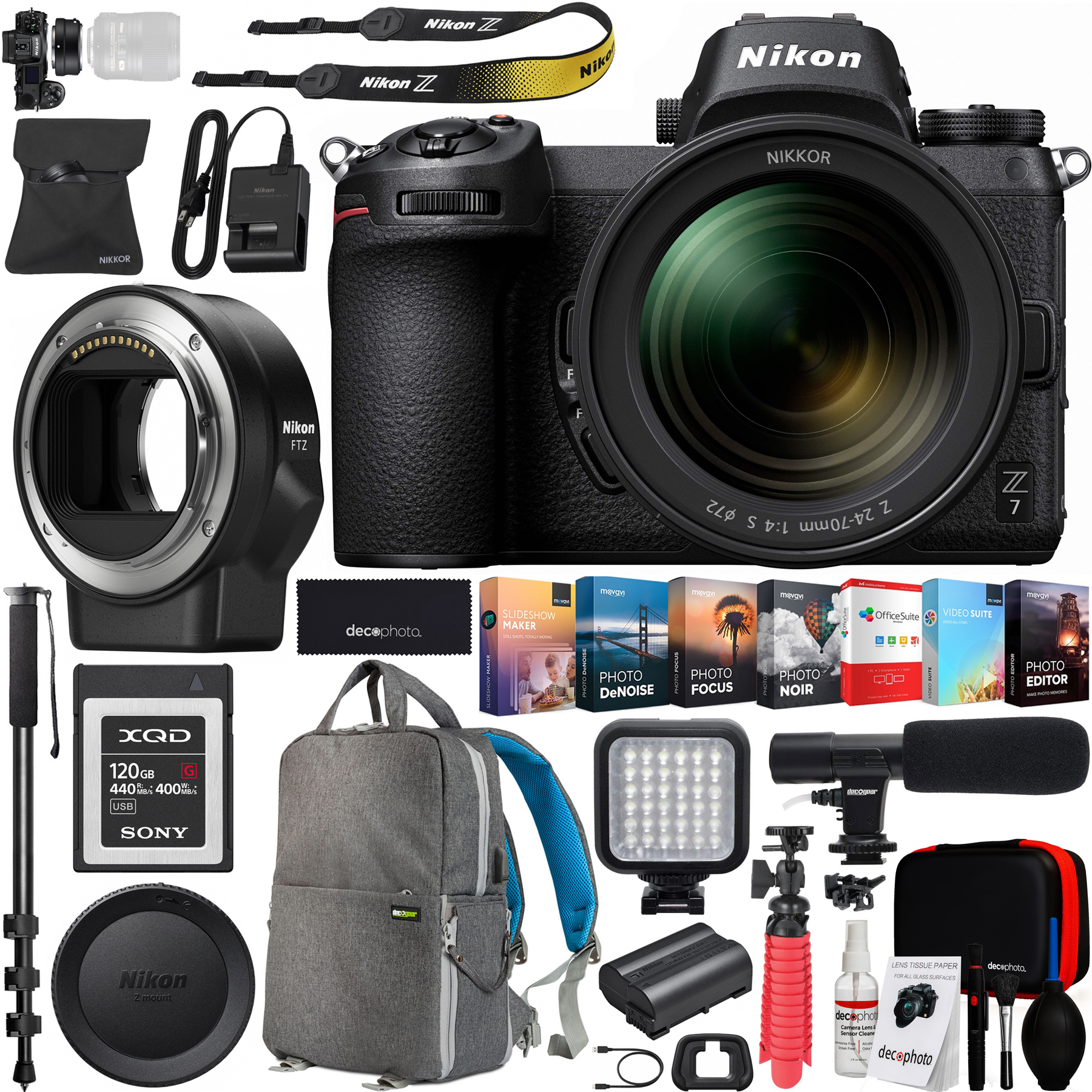 Nikon Z7 Mirrorless FX-Format Full-Frame 4K Ultra HD Camera Body (1594) with NIKKOR Z 24-70mm f/4 S Lens Kit + FTZ Mount Adapter for F-mount and 120GB Memory Card Deco Gear Backpack Microphone Bundle - image 1 of 10