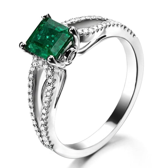 Perfect Twin Row 2 Carat Green Emerald 6mm Princess Cut And Moissanite Diamond Engagement Ring In 10K White Gold, Promise Ring, Anniversary Ring