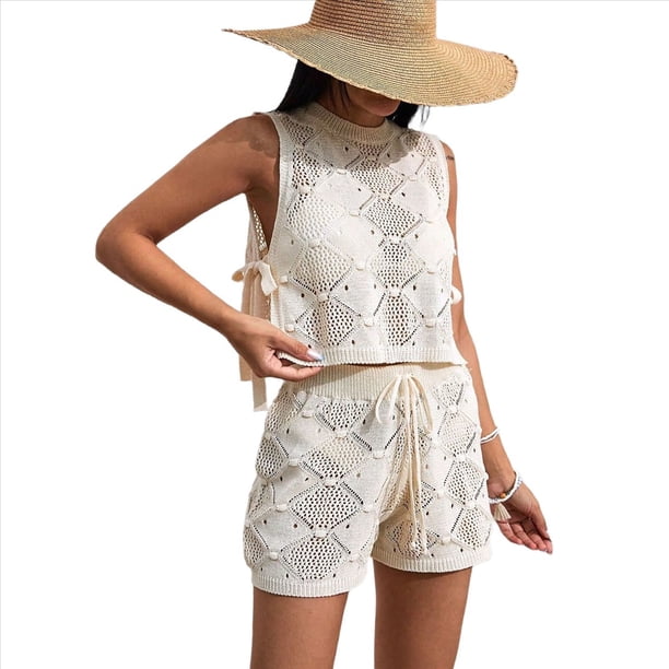 Conjunto de Dos Piezas de Crochet para Mujer, Traje de Baño Sin Mangas de Punto Calado, Top y Pantalones Cortos Informales, Conjunto de Playa M