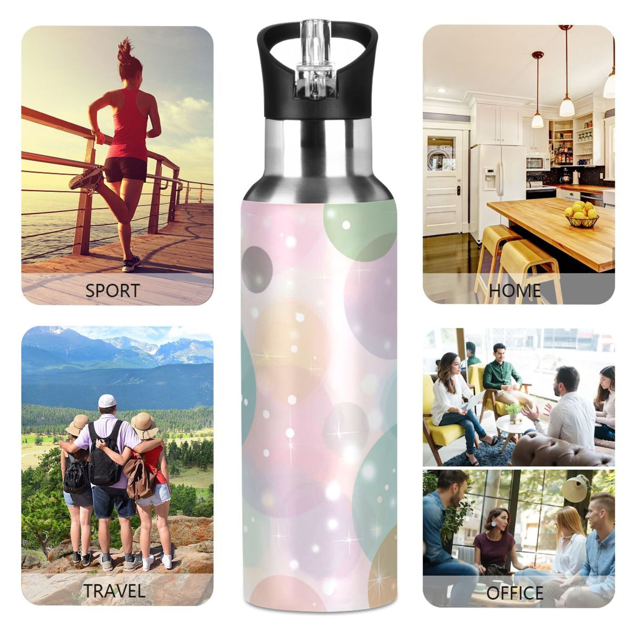 Iauyy Stainless Steel Double-Wall Vacuum Insulated Water Bottle with Straw-600ml&1000ml BPA-Free Leak-Proof for Travel Workouts Outdoor,Stars and Bubbles